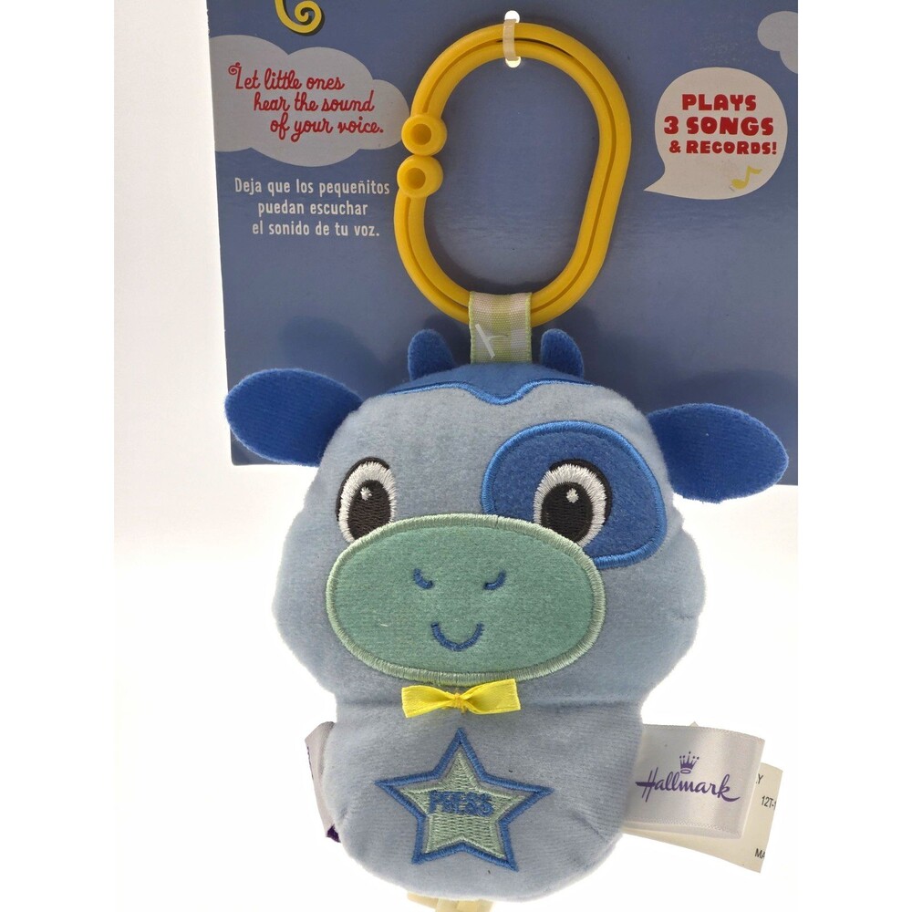 Hallmark Record-A-Wish Recordable Blue Cow Plush Clip Baby Toy Plays 3 Songs